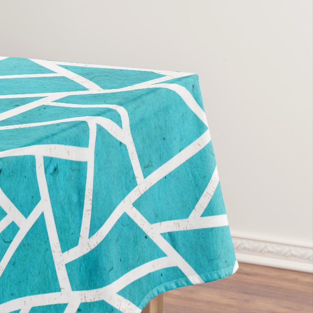 Blue-green and white mosaic pattern tablecloth (In Situ)