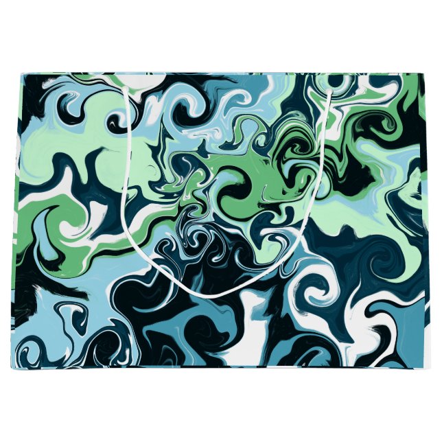 Blue, Green and White swirls Abstract Fluid Art   Large Gift Bag (Front)