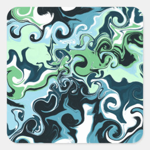 Blue, Green and White swirls Abstract Fluid Art    Square Sticker