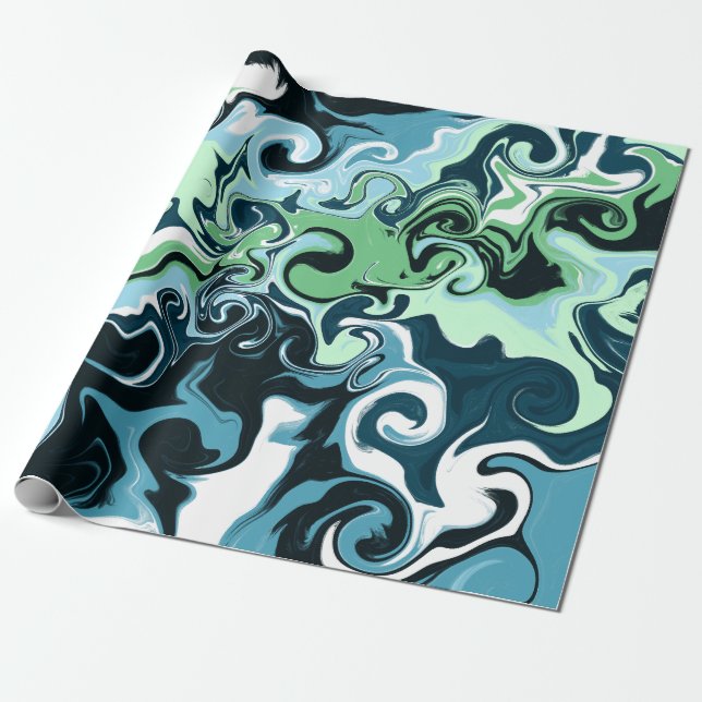 Blue, Green and White swirls Abstract Fluid Art Wrapping Paper (Unrolled)