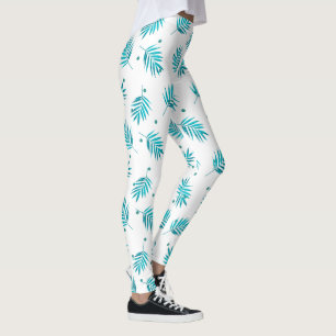 Blue-green and white tropical palm leaves pattern leggings