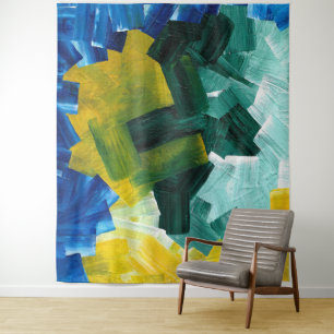 Blue, Green, and Yellow Abstract Brushstrokes Tapestry