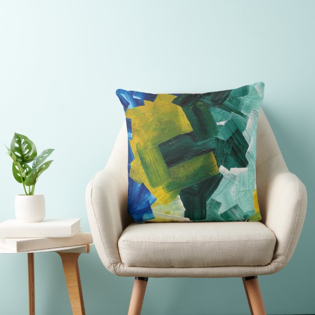 Blue, Green, and Yellow Abstract Brushstrokes Throw Pillow (Chair)