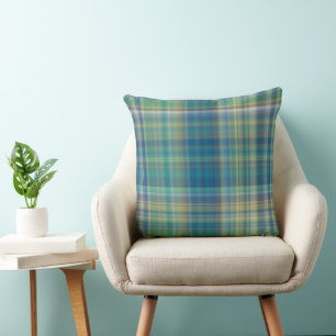 Blue, Green and yellow Plaid Throw Pillow