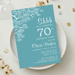 Blue Green Aqua Pine Branch Surprise 70th Birthday Invitation