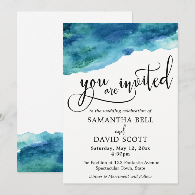 Blue Green Aqua Watercolor Modern Wedding 2 Invitation (Front/Back)