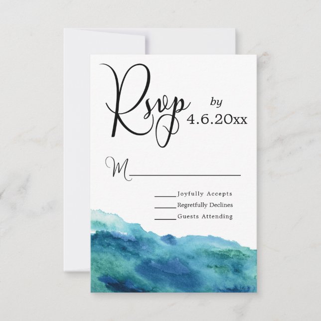 Blue Green Aqua Watercolor Modern Wedding RSVP 1b Card (Front)