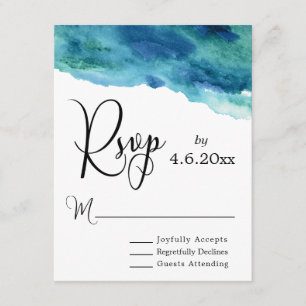 Blue Green Aqua Watercolor Modern Wedding RSVP 2 Card