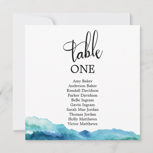 Blue Green Aqua Watercolor Table Number Card (Front)