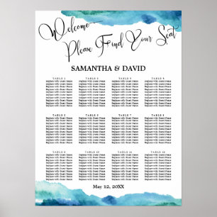 Blue Green Aqua Watercolor Wedding Seating Chart