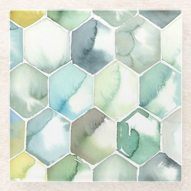 Blue & Green Aquarelle Honycomb Pattern Glass Coaster (Front)