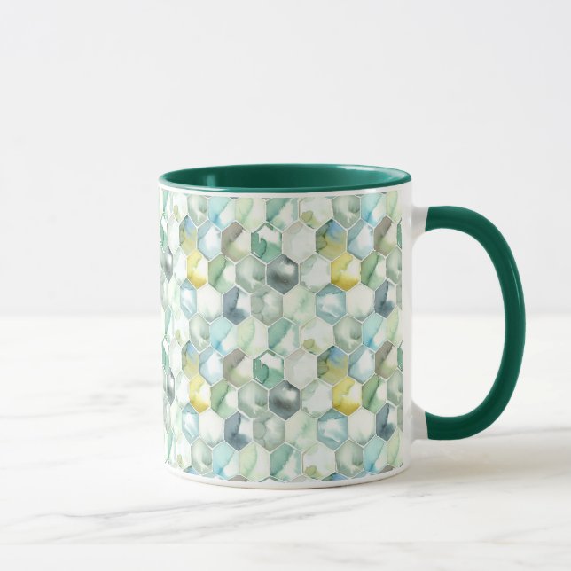 Blue & Green Aquarelle Honycomb Pattern Mug (Right)