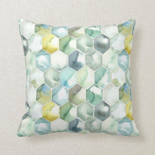 Blue & Green Aquarelle Honycomb Pattern Throw Pillow