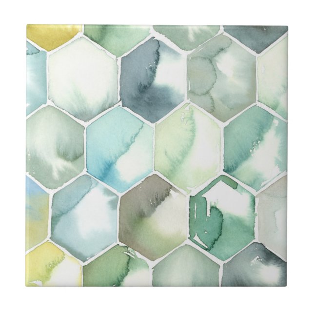 Blue & Green Aquarelle Honycomb Pattern Tile (Front)