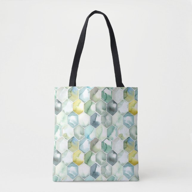 Blue & Green Aquarelle Honycomb Pattern Tote Bag (Front)