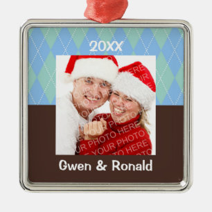 Blue green argyle custom photo holiday keepsake metal ornament