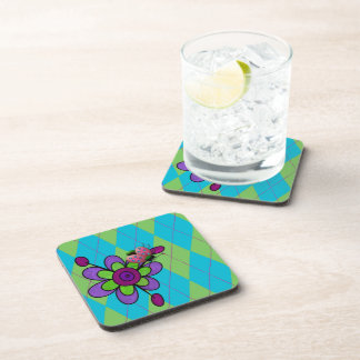 Blue & Green Argyles Ladybug & Flower Coaster