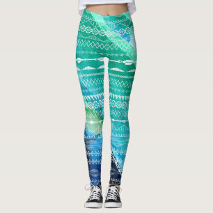 Blue Green Arrows Aztec Geometric Watercolor Leggings