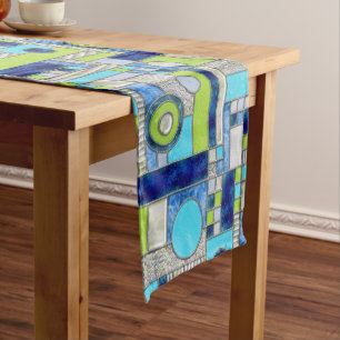 Blue Green Art Deco Stained Glass Short Table Runner