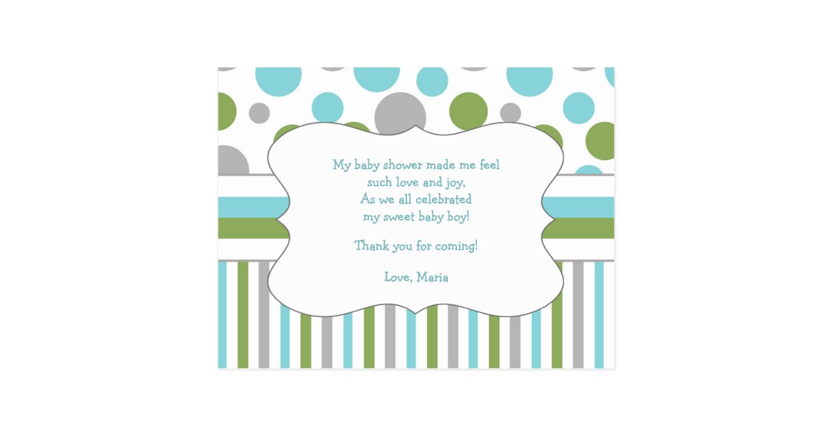Blue Green Baby Shower Thank You Note W Poem 3471 Postcard Zazzle Ca