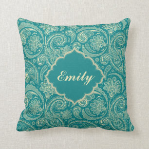 Blue-Green & Beige Creme Vintage Paisley Monogram Throw Pillow