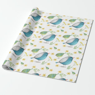 Blue & Green Birdie Watercolor Wrapping Paper