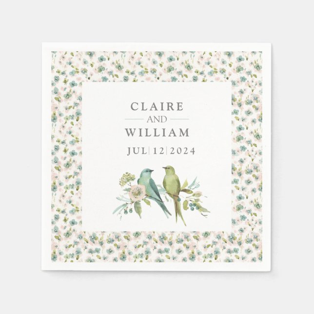 Blue Green Birds Botanical Watercolor Wedding Napkin (Front)