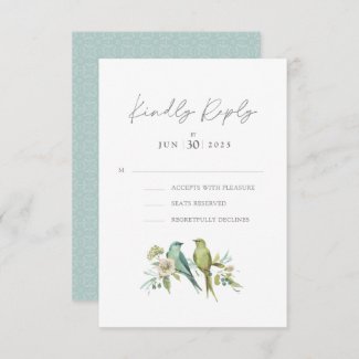 Blue Green Birds Botanical Watercolor Wedding RSVP Card