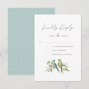 Blue Green Birds Botanical Watercolor Wedding RSVP Card