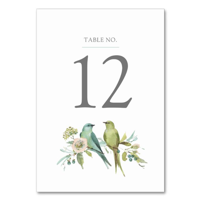 Blue Green Birds Botanical Watercolor Wedding Table Number (Front)