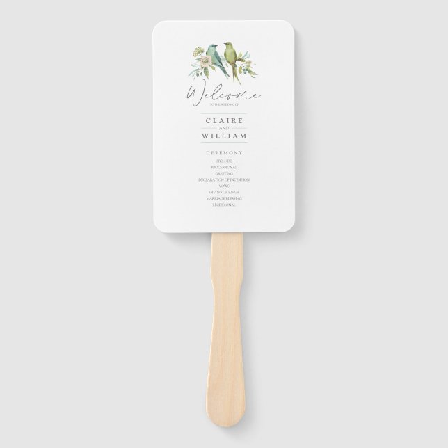 Blue Green Birds Floral Watercolor Wedding Hand Fan (Front)