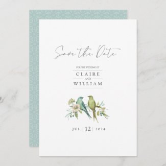 Blue Green Birds Floral Watercolor Wedding Save The Date