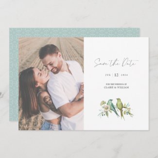Blue Green Birds Watercolor Wedding Photo Save The Date