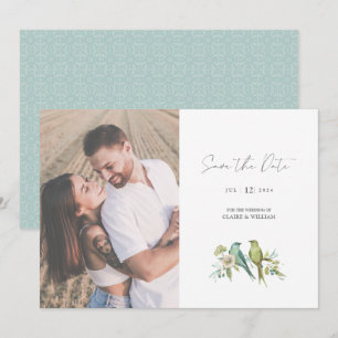 Blue Green Birds Watercolor Wedding Photo Save The Date