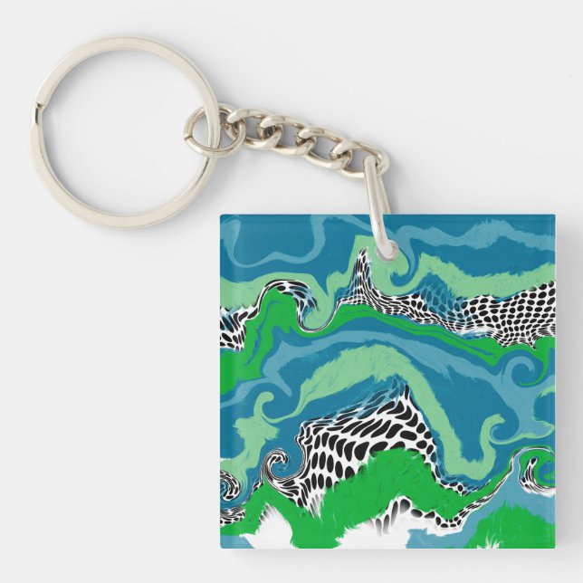 Blue, Green, Black and White Abstract Fluid Art    Keychain (Front)