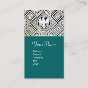 BLUE GREEN BLACK AND WHITE ROMAN EAGLE DAMASK BUSINESS CARD
