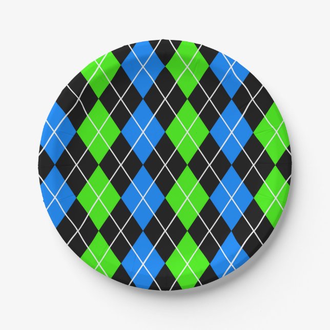 Blue Green Black Argyle Diamond Design  Paper Plate (Front)