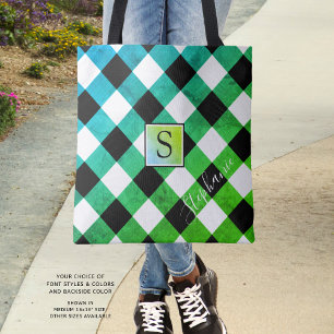 Blue Green & Black Buffalo Check Plaid Monogram Tote Bag