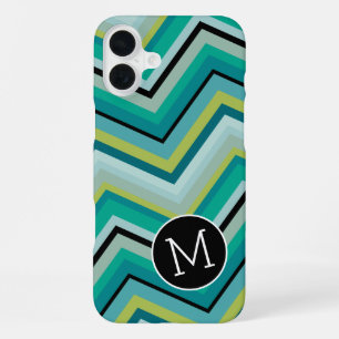 Blue Green Black Chevron Pattern Simple Monogram iPhone 16 Plus Case