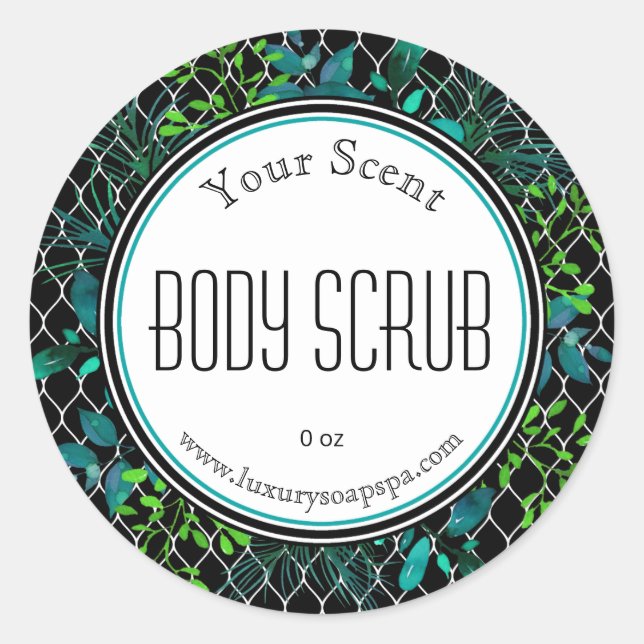 Blue Green Black Leaves Body Scrub Labels (Front)