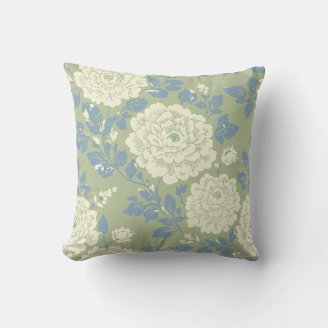Blue Green Block Print Floral Throw Pillow (Front)