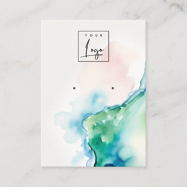 Blue Green Blush Watercolor Agate Earring Logo Business Card (Front)