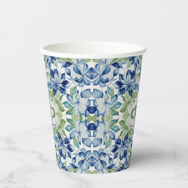 Blue Green Boho Bohemian Floral Pattern Paper Cups (Front)