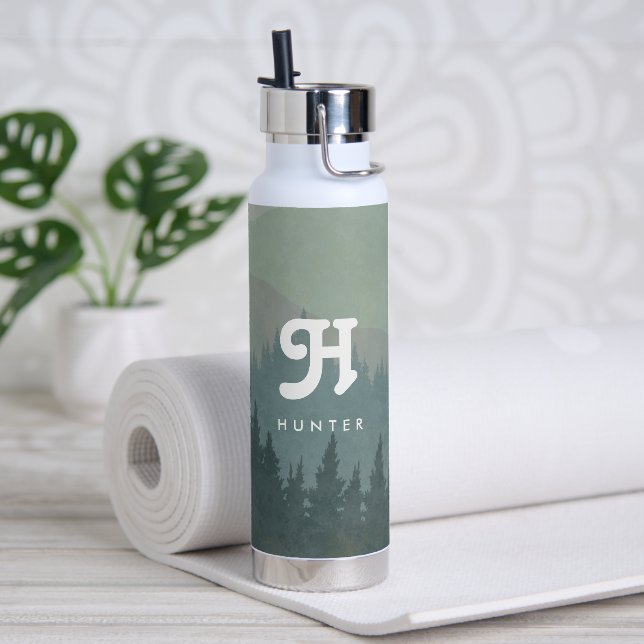 Blue Green Boho Monogram Mountain & Forest Retro Water Bottle (Yoga)