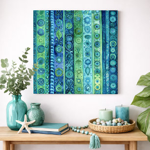 Blue Green Boho Stripe Watercolor Wall Art