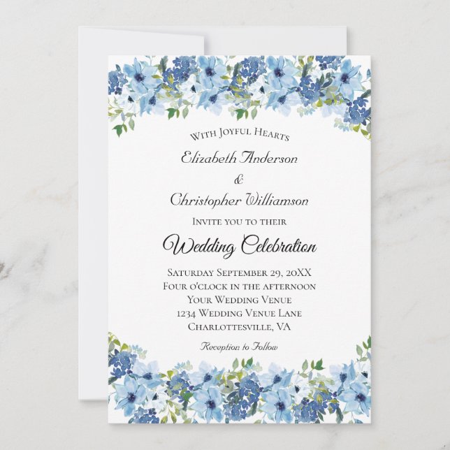 Blue Green Boho Watercolor Floral Wedding Invitation (Front)