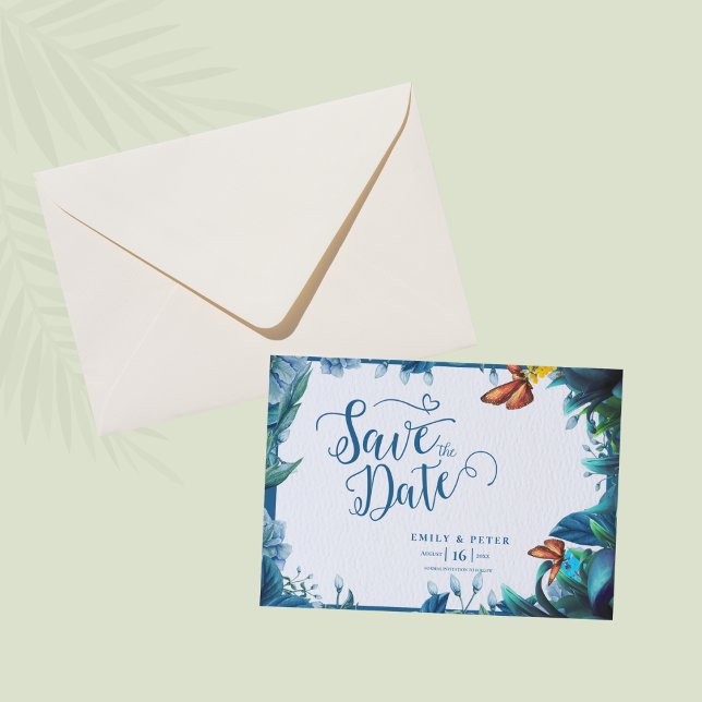 Blue Green Botanical Butterfly Elegant Wedding Save The Date (Blue Green Botanical Butterfly Elegant Wedding Save The Date)