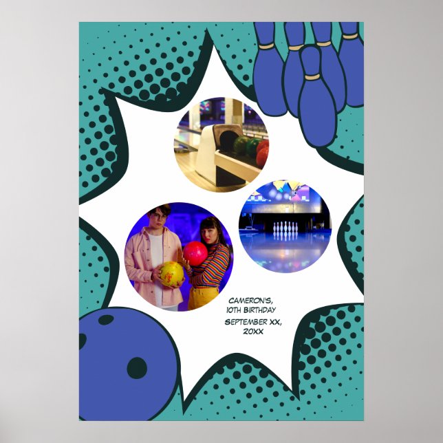 Blue-Green Bowling 10th Birthday Photo Collage Poster (Front)