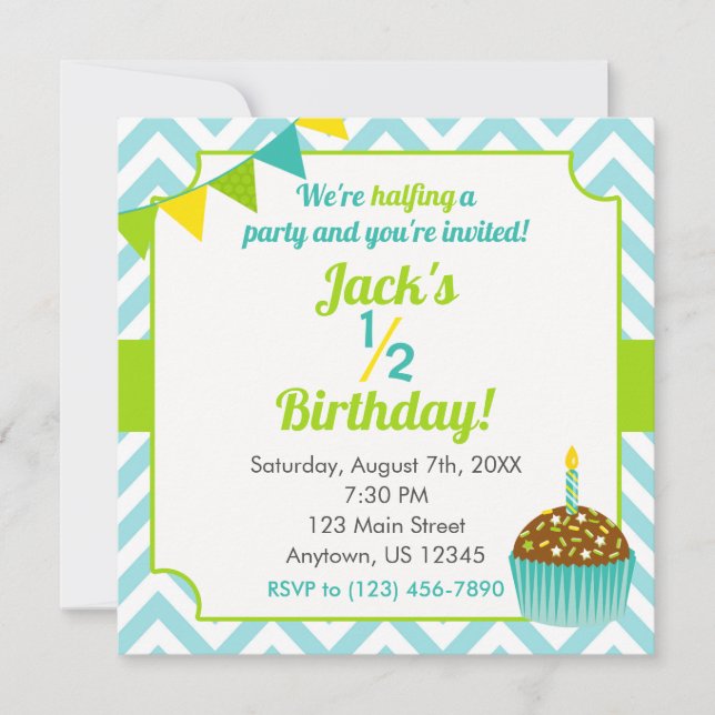 Blue Green Boy Demi-anniversaire Photo Invitation (Devant)