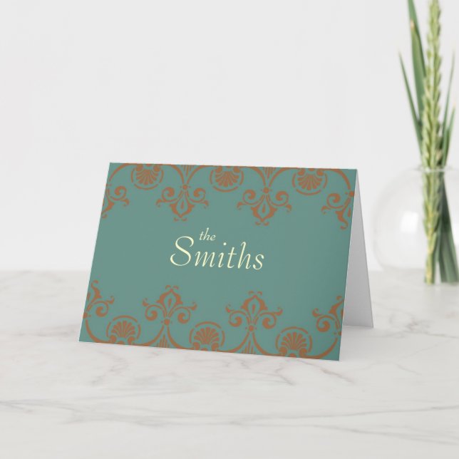 Blue Green & Bronze Deco Note Card (Front)